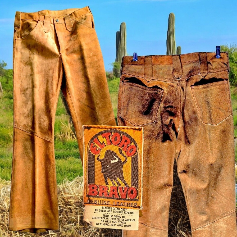 Vintage Leather Work Worn Pants El Toro Western Cowboy Cowhide Mexico Mens 32‎